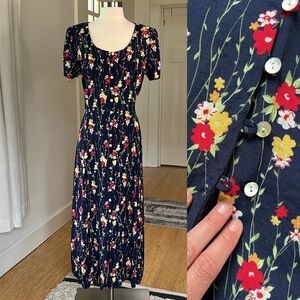 Vintage Y2K Floral Button Front Maxi Dress with Tie Back and Shoulder Pads